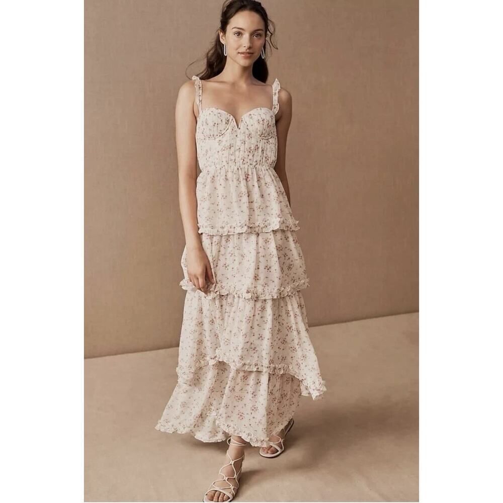 NWT SAU LEE Peyton Maxi Dress US 8 Cream Floral Ruffle Tiered Cottagecore